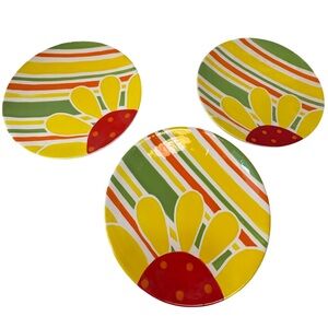 three hand-painted Pacific Rim Sunflower Orange Yellow Green Striped Plates.